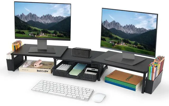 Main image of OPNICE Desk Dual Monitor Stand Riser - Desk Organizer with Drawer and Pen Holders, Office Desk Accessories & Workspace Organization, Computer Monitor Stand for Laptop, Printer, TV(Black Wood)