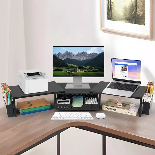 Alt view image 2 of 5 - OPNICE Desk Dual Monitor Stand Riser - Desk Organizer with Drawer and Pen Holders, Office Desk Accessories & Workspace Organization, Computer Monitor Stand for Laptop, Printer, TV(Black Wood)