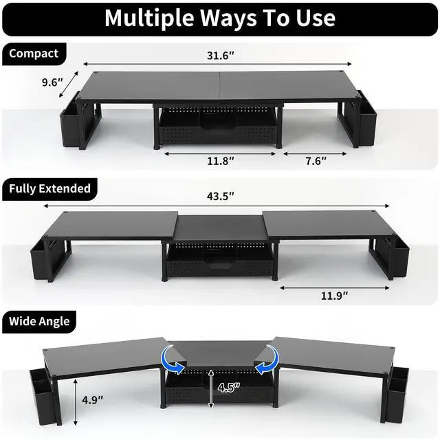 Alt view image 3 of 5 - OPNICE Desk Dual Monitor Stand Riser - Desk Organizer with Drawer and Pen Holders, Office Desk Accessories & Workspace Organization, Computer Monitor Stand for Laptop, Printer, TV(Black Wood)