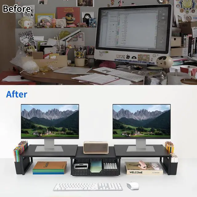 Alt view image 4 of 5 - OPNICE Desk Dual Monitor Stand Riser - Desk Organizer with Drawer and Pen Holders, Office Desk Accessories & Workspace Organization, Computer Monitor Stand for Laptop, Printer, TV(Black Wood)