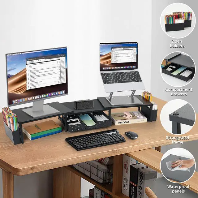 Alt view image 5 of 5 - OPNICE Desk Dual Monitor Stand Riser - Desk Organizer with Drawer and Pen Holders, Office Desk Accessories & Workspace Organization, Computer Monitor Stand for Laptop, Printer, TV(Black Wood)