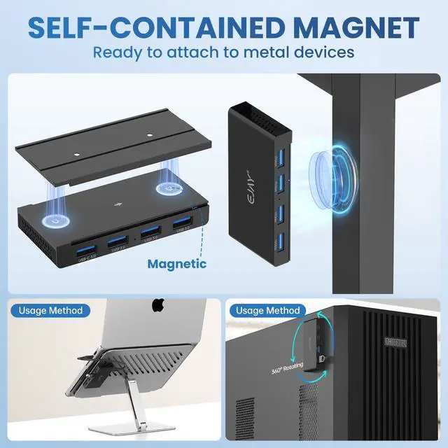 Alt view image 2 of 5 - EJAY 4-Port Magnetic USB 3.0 Hub, 5Gbps High-Speed Data Transfer, Includes 2 Packs Sliding Rail, Screws & Sticky Pads for MacBook Laptop PC