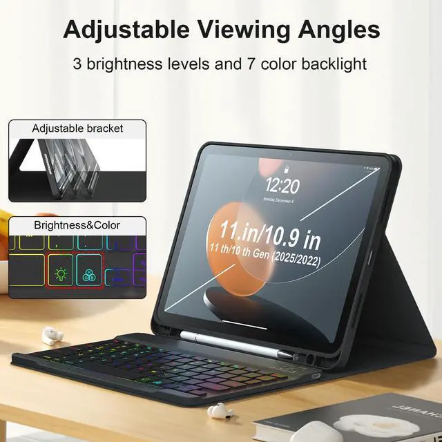 Alt view image 4 of 5 - iPad 11th 10th Generation Case with Keyboard 10.9 Inch 2022 Detachable Wireless 7Colors Backlight Keyboard Case with Pencil Holder for and Magnetic Disc Universal Stylus Pen New iPad 10th Gen Black