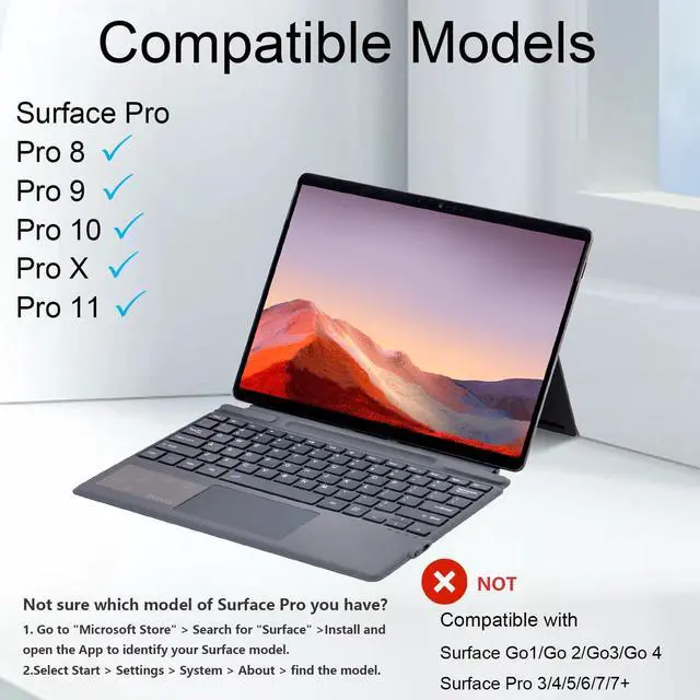 Alt view image 2 of 5 - Type Cover for Microsoft Surface Pro 11 Pro 10 Pro 9 Pro 8 Pro X, 13 inch, Ultra-Slim Bluetooth Keyboard with Multi-Touchpad Mouse Rechargeable, 7-Color LED Backlit (Grey Without Backlit)