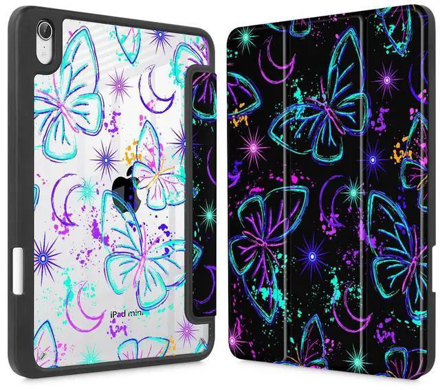 Main image of Mektron Printed Case for iPad mini 7 (A17 Pro) 2024/ Mini 6 2021, iPad mini 7th/6th Generation Case, Buit in Pencil Holder with Clear Back Shell + Trifold Stand, Fantasy Butterfly