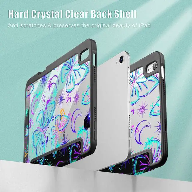 Alt view image 4 of 5 - Mektron Printed Case for iPad mini 7 (A17 Pro) 2024/ Mini 6 2021, iPad mini 7th/6th Generation Case, Buit in Pencil Holder with Clear Back Shell + Trifold Stand, Fantasy Butterfly
