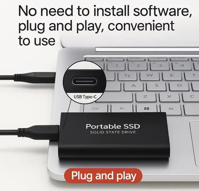 Alt view image 4 of 5 - 3T Portable External SSD  3000GB High-Speed USB 3.0 & Type-C Solid State Drive, Shockproof Slim Storage for Windows, Mac & Linux