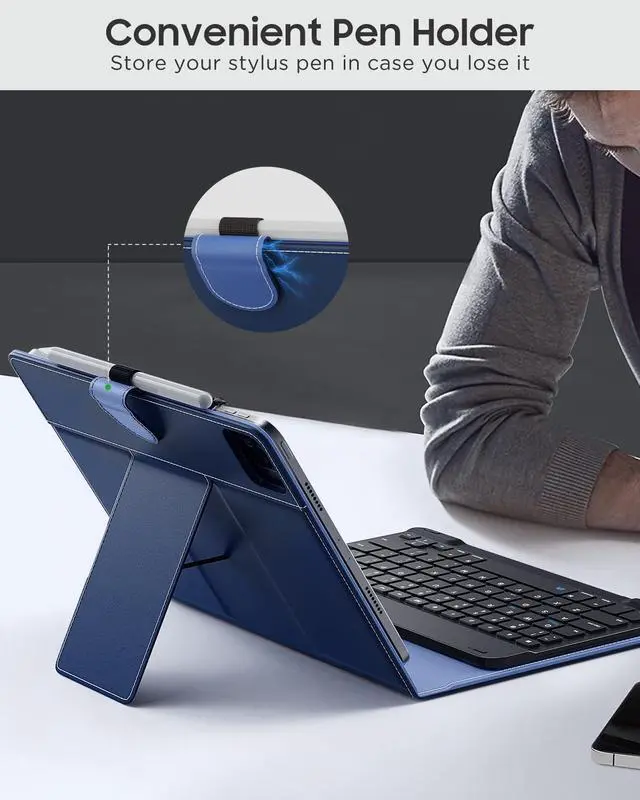 Alt view image 3 of 5 - MoKo Universal Tablet Case with QWERTY Keyboard for 9",9.7",10.1",10.2",10.4",10.5",10.9",11" Tablet, with Removable Wireless Bluetooth Keyboard&Pen Holder for iPad Samsung Fire Pixel, Navy Blue