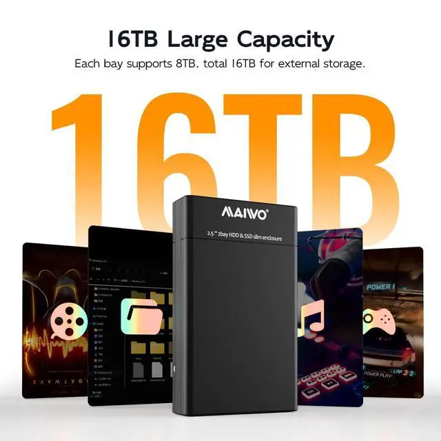 Alt view image 3 of 5 - MAIWO Dual Bay RAID Hard Drive Enclosure with USB 3.0 for 2.5 Inch SATA SSD/HDD, Support UASP 12TB Capacity, RAID 0/1/JBOD/PM, Tool Free External HDD Enclosure