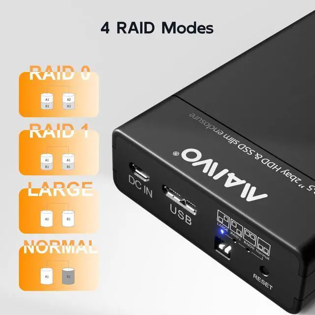 Alt view image 4 of 5 - MAIWO Dual Bay RAID Hard Drive Enclosure with USB 3.0 for 2.5 Inch SATA SSD/HDD, Support UASP 12TB Capacity, RAID 0/1/JBOD/PM, Tool Free External HDD Enclosure