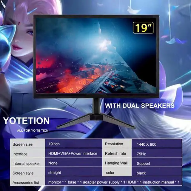 Alt view image 5 of 5 - YOTETION 19 inch HD (1440 x 900) Monitor with Speaker, 75Hz Refresh Rate, HDMI x1, Small Thin Monitor for laptops, Computers and desktops,LED Display, VGA/HDMI Connection.VESA:75 * 75MM