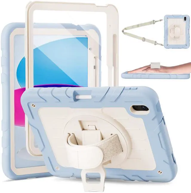 Main image of Stweap Case for iPad 10th Generation 10.9inch 2022,with Built-in Screen Protector and Kickstand,Hand Strap,Shoulder Strap for New Apple iPad 10.9 Inch(Blue/Beige)