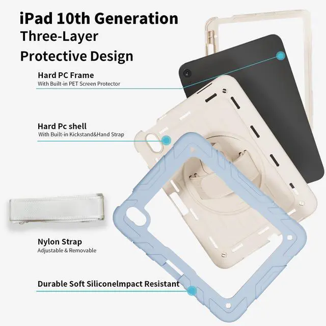 Alt view image 4 of 5 - Stweap Case for iPad 10th Generation 10.9inch 2022,with Built-in Screen Protector and Kickstand,Hand Strap,Shoulder Strap for New Apple iPad 10.9 Inch(Blue/Beige)