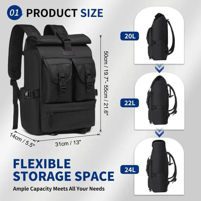 Alt view image 4 of 5 - SUIKIHUM Roll-top Backpack for Men Women, Waterproof Laptop Backpack 15.6" with Quick Access Zipper, Expandable Roll Top Commute Bag for Travel Work College