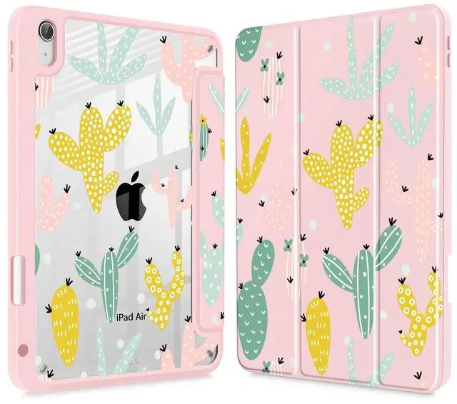Main image of Lepeoac Case for iPad Air 11'' (M3 2025/M2 2024) 6th Gen/iPad Air 10.9'' 2022 2020 Air 5th /4th Gen, Buit in Pencil Holder with Cover Clear Transparent Back Auto Wake/Sleep, Cute Cacti-Pink