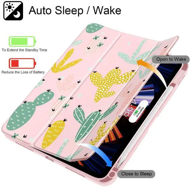 Alt view image 3 of 5 - Lepeoac Case for iPad Air 11'' (M3 2025/M2 2024) 6th Gen/iPad Air 10.9'' 2022 2020 Air 5th /4th Gen, Buit in Pencil Holder with Cover Clear Transparent Back Auto Wake/Sleep, Cute Cacti-Pink