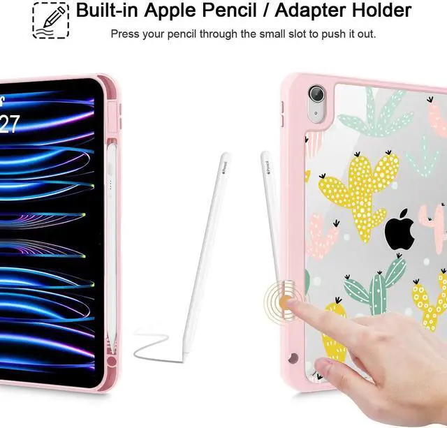 Alt view image 5 of 5 - Lepeoac Case for iPad Air 11'' (M3 2025/M2 2024) 6th Gen/iPad Air 10.9'' 2022 2020 Air 5th /4th Gen, Buit in Pencil Holder with Cover Clear Transparent Back Auto Wake/Sleep, Cute Cacti-Pink