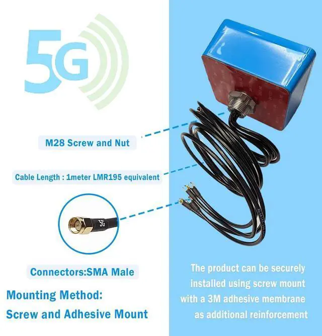 Alt view image 4 of 5 - Maswell 4X4 MIMO 5G External Antenna, Omni BroadBand 700-6000MHz | 4G+ LTE-A 5G NR 5G | WiFi 6 Bluetooth | Screw Adhesive Mount, SMA Male 3dBi Low Gain Outdoor for IoT M2M, NOT for Speed Competition