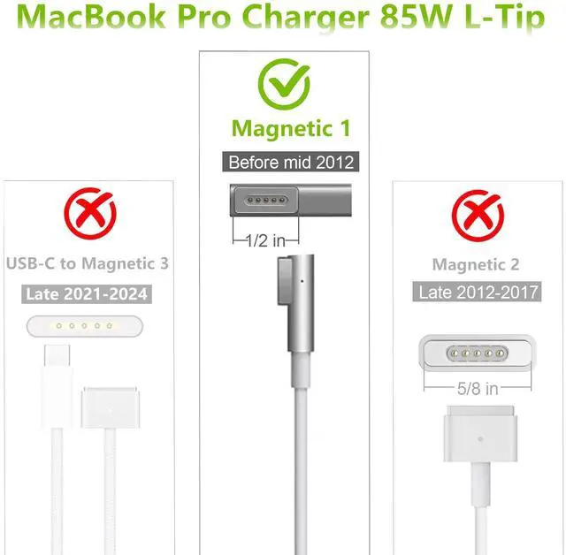 Alt view image 2 of 5 - Mac Book Pro Charger 85W Mag 1 L-Tip Power Adapter, Compatible with Mac Book Pro 13 15 17 inchBefore Mid 2012
