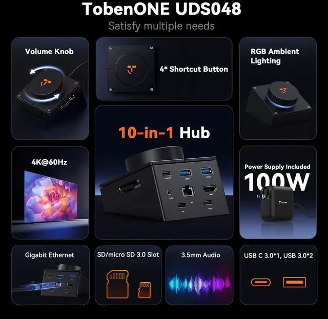 Alt view image 2 of 5 - TobenONE 10-in-1 Shortcut-Key Docking Station with 4 Shortcut Button and Volume Knob, USB C Dock with 4K@60Hz HDMI, 100W PD, 3 USB, Ethernet, Audio, SD/microSD for MacBook, Windows, Chrome, Mac mini