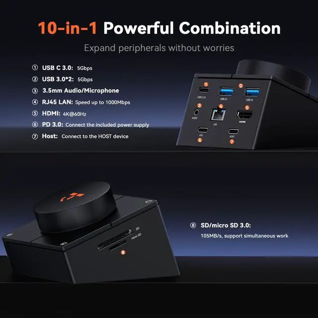 Alt view image 5 of 5 - TobenONE 10-in-1 Shortcut-Key Docking Station with 4 Shortcut Button and Volume Knob, USB C Dock with 4K@60Hz HDMI, 100W PD, 3 USB, Ethernet, Audio, SD/microSD for MacBook, Windows, Chrome, Mac mini