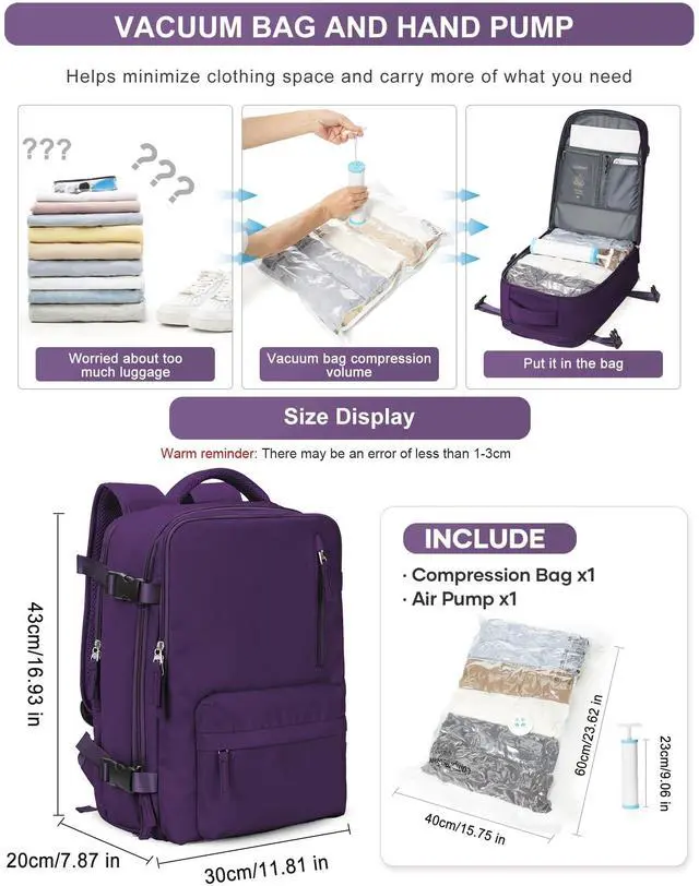 Alt view image 2 of 5 - VGCUB Large Travel Backpack with Vacuum System Carry on Personal Item Storage Compression Seal Bags for Clothing with Pump Work Business Vacpack Laptop Backpack for Women Men Dark Purple