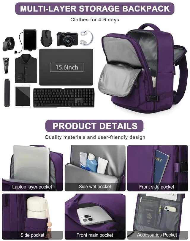 Alt view image 5 of 5 - VGCUB Large Travel Backpack with Vacuum System Carry on Personal Item Storage Compression Seal Bags for Clothing with Pump Work Business Vacpack Laptop Backpack for Women Men Dark Purple