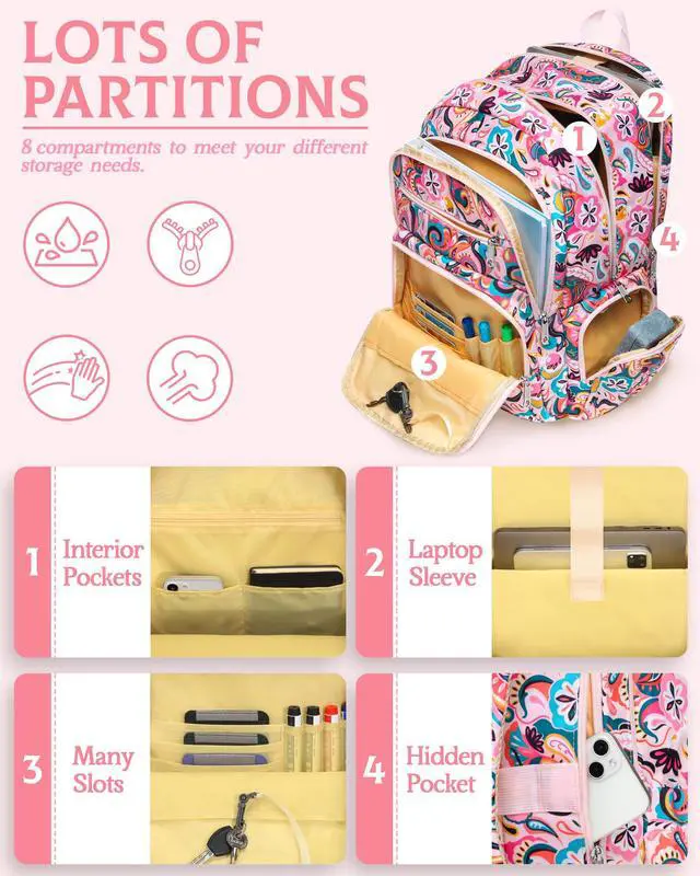 Alt view image 4 of 5 - FOKDUVB Large Backpack for Women Backpack with Lots of Pockets for Travel Work School Bookbag with Laptop Compartment for High School College Girls Mochilas Morrales para Mujer (Pink, Paisley)