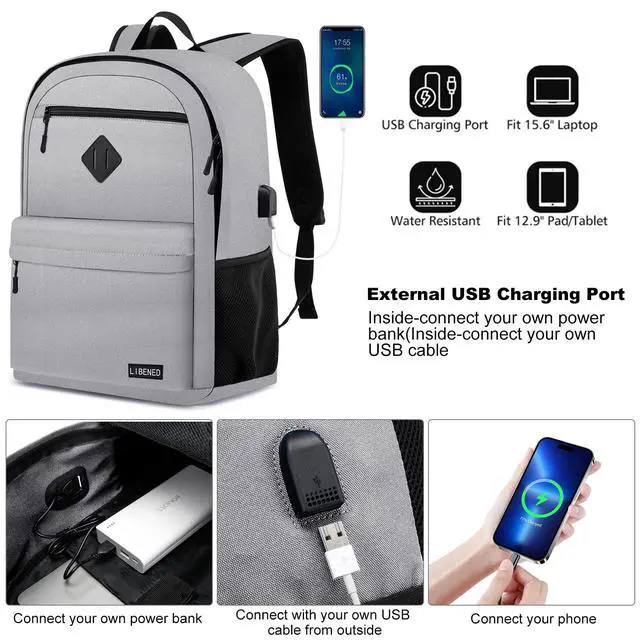 Alt view image 4 of 5 - LIBENED School Backpack for Teen Boys Girls, Choice for School and College Backpack, Durable, Comfortable 15.6 inch Laptop Bookbag with USB Charger Port, Grey