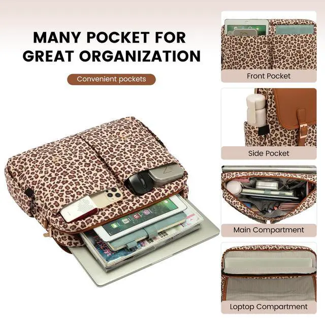 Alt view image 4 of 5 - LOVEVOOK Laptop Bag for Women, Large Capacity Work Computer Bags Briefcase, Cute Shoulder Messenger Bag, Tote Purse Laptop Sleeve Case Fits 15.6-inch Laptop, Leopard Print-Brown Pro
