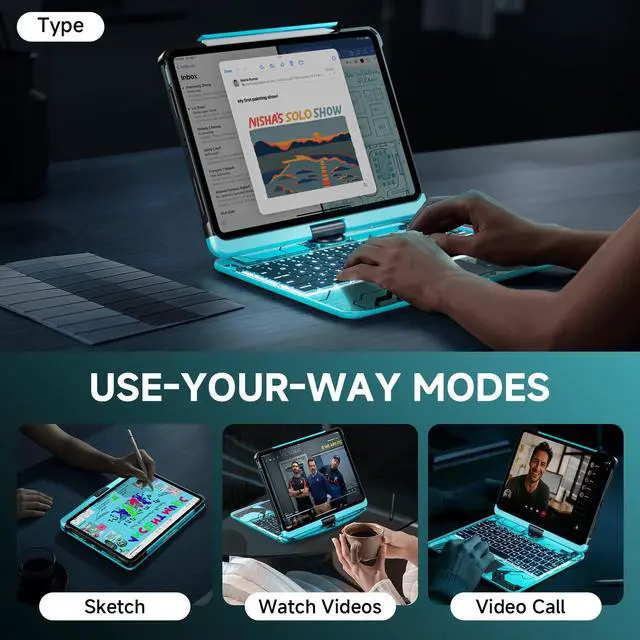 Alt view image 5 of 5 - Tiaota Transparent Case with Keyboard for 2024 iPad Pro 13 inch (M4), iPad Pro 13,7-Color Backlit,Magic Wireless Keyboard, 360°Rotating,Multi-Touch trackpad,Pencil Holder,with Shortcuts,Blue