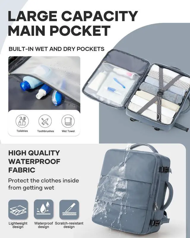 Alt view image 4 of 5 - bergsalz Large Travel Backpack For Women Men,Carry On Backpack For Traveling On Airplanes,Personal Item Travel Bag Laptop Work Backpacks Grey Blue