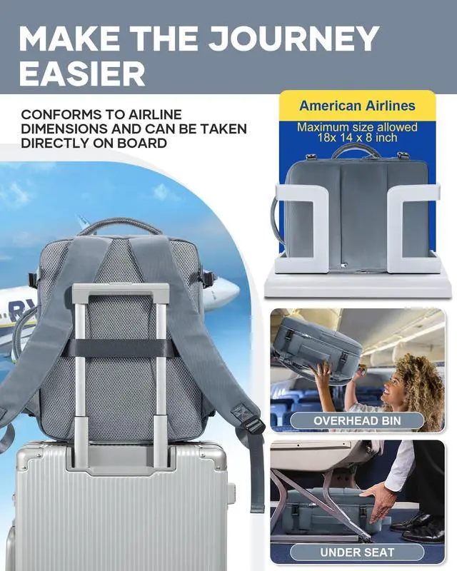 Alt view image 5 of 5 - bergsalz Large Travel Backpack For Women Men,Carry On Backpack For Traveling On Airplanes,Personal Item Travel Bag Laptop Work Backpacks Grey Blue