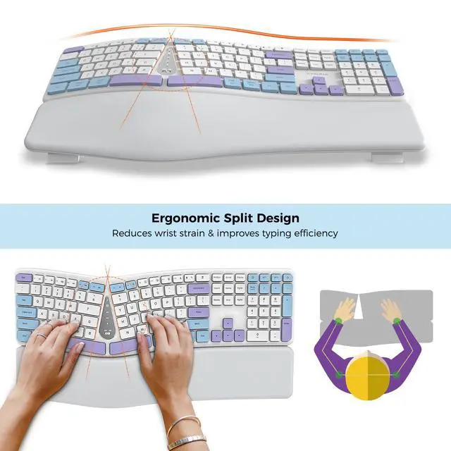 Alt view image 3 of 5 - KYSONA Ergonomic Keyboard Mouse Wireless Combo, Full Size Bluetooth Split Keyboard with Wrist Rest, 4 Level DPI Ergo Mouse for Windows Mac OS Computer, Colorful White