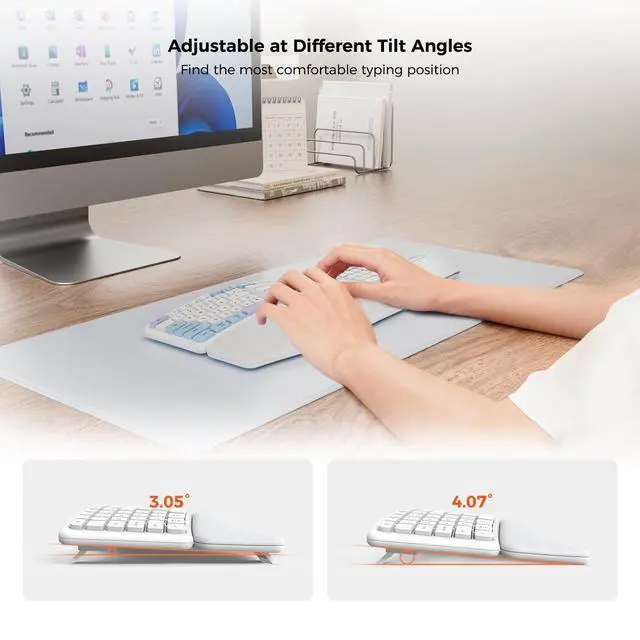 Alt view image 4 of 5 - KYSONA Ergonomic Keyboard Mouse Wireless Combo, Full Size Bluetooth Split Keyboard with Wrist Rest, 4 Level DPI Ergo Mouse for Windows Mac OS Computer, Colorful White