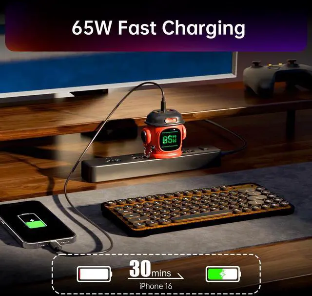 Alt view image 2 of 5 - Divoom Dipow 65W USB-C Charger 3-Port Fast GaN Charger with DIY Pixel Display Foldable Compact Wall Block Power Adapter for iPhone 16/15 MacBook iPad Galaxy S23/S24 Switch (with 100w Cable) (Red)