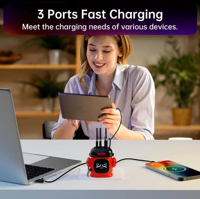 Alt view image 3 of 5 - Divoom Dipow 65W USB-C Charger 3-Port Fast GaN Charger with DIY Pixel Display Foldable Compact Wall Block Power Adapter for iPhone 16/15 MacBook iPad Galaxy S23/S24 Switch (with 100w Cable) (Red)