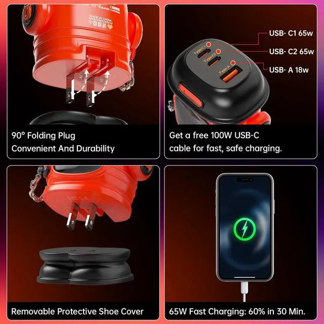 Alt view image 5 of 5 - Divoom Dipow 65W USB-C Charger 3-Port Fast GaN Charger with DIY Pixel Display Foldable Compact Wall Block Power Adapter for iPhone 16/15 MacBook iPad Galaxy S23/S24 Switch (with 100w Cable) (Red)