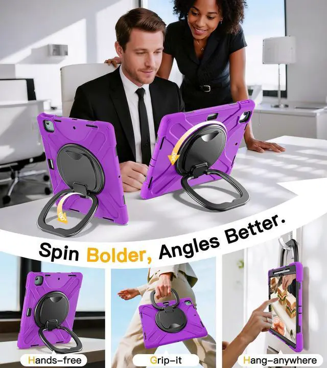 Alt view image 4 of 5 - BRAECN Case for iPad Air 13 Inch M3 2025/ M2 2024 & iPad Pro 12.9 6th/5th/4th/3rd Gen: Military Grade Silicone Protective Cover with Pencil Holder, Kickstand, Swivel Handle, Shoulder Strap, Purple