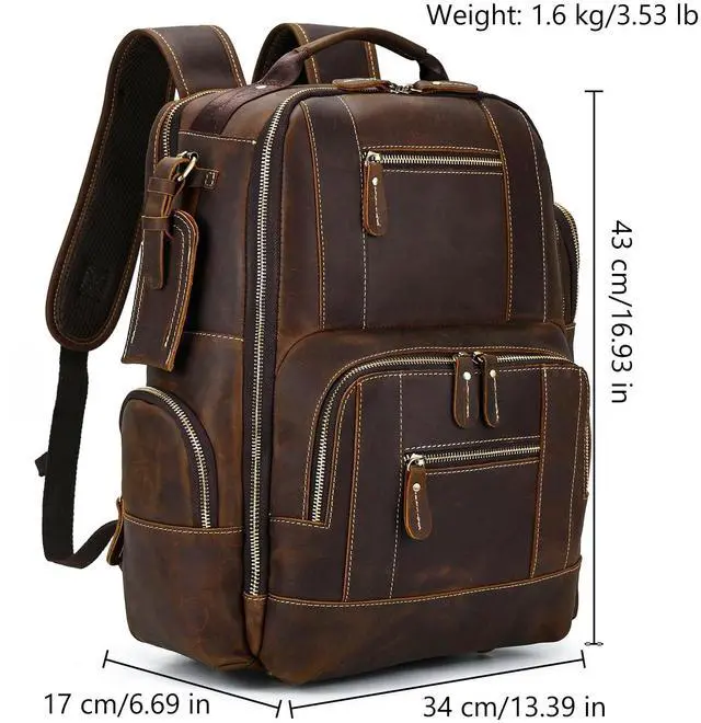Alt view image 3 of 5 - SAIION Vintage Full Grain Leather Backpack for Men, 16" Laptop Rucksack For Men Hiking Trave Work Business Bag, 9517 Brown