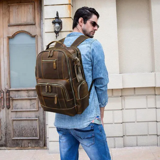 Alt view image 2 of 5 - SAIION Vintage Full Grain Leather Backpack for Men, 16" Laptop Rucksack For Men Hiking Trave Work Business Bag, 9517 Brown