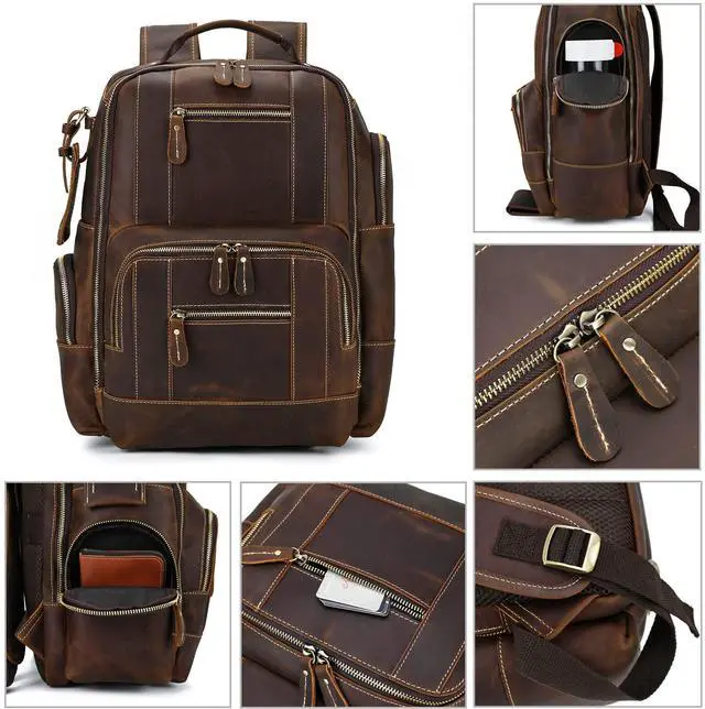Alt view image 5 of 5 - SAIION Vintage Full Grain Leather Backpack for Men, 16" Laptop Rucksack For Men Hiking Trave Work Business Bag, 9517 Brown