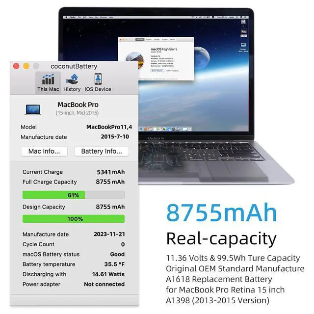 Alt view image 2 of 5 - JGTM A1398 Battery Replacement, A1618 A1494 Battery for MacBook Pro 15 inch Mid 2015 Mid 2014 Late 2013 Retina Version Model A1398 EMC 2910 2909 2881 2876 2745 2674 Capacity 11.36V 99.5Wh 8755mAh