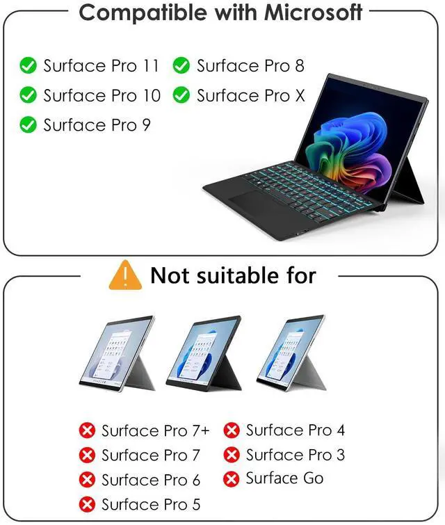 Alt view image 2 of 5 - Surface Pro Keyboard, Wireless Type Cover for Microsoft Surface Pro 11/10/9/8/X 13 inch, Ultra-Slim Portable Magnetic Bluetooth Keyboard with 7 Color Backlit, Pen Holder, Trackpad