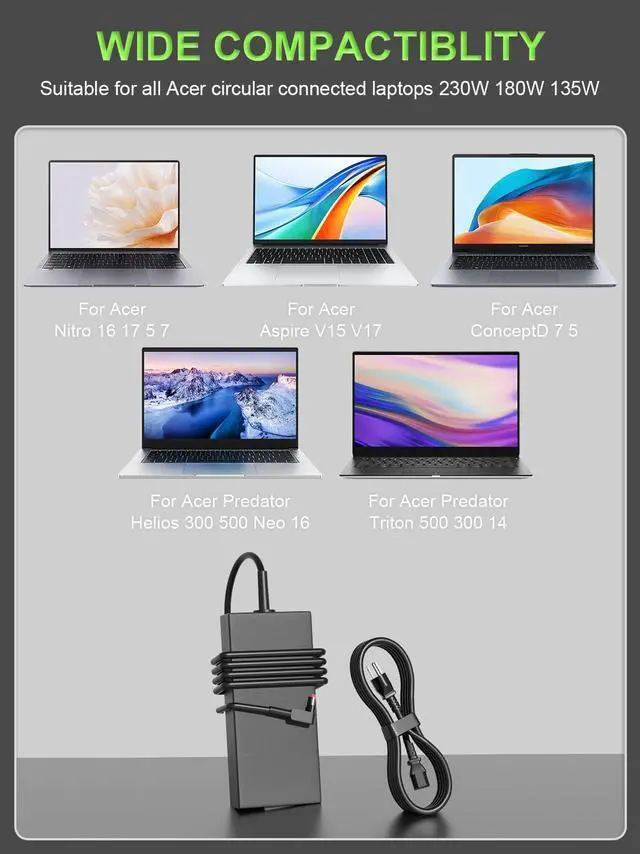 Alt view image 4 of 5 - PowerPortnerLink 230W Charger Compatible with Acer Nitro 5 16 17 14 Predator Helios Neo/Triton 16 14 300 500 Series AN16-51 AN17-41 AN515 AN517 PHN16-71 PH315-55 PT14-51 Laptop