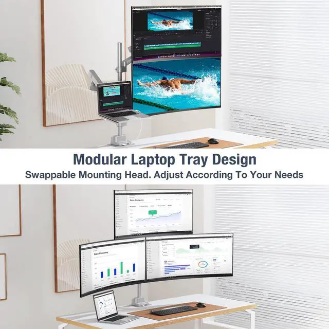 Alt view image 2 of 5 - AVLT Laptop & Dual 40 Inch Stacking Monitor Arm Pole Top Mount with USB-C USB-A Ports-Gray, Supports 26.4 lbs (12kg), Ultrawide Screen Fit, VESA Compatible, Multi-Screen, Ergonomic Workspace Upgrade