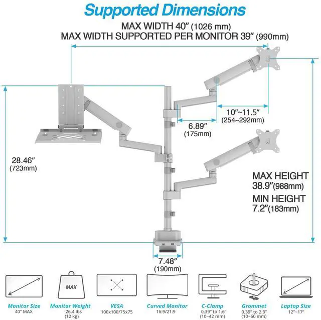 Alt view image 3 of 5 - AVLT Laptop & Dual 40 Inch Stacking Monitor Arm Pole Top Mount with USB-C USB-A Ports-Gray, Supports 26.4 lbs (12kg), Ultrawide Screen Fit, VESA Compatible, Multi-Screen, Ergonomic Workspace Upgrade
