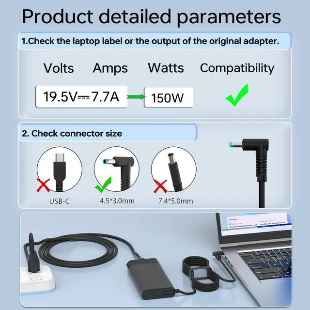 Alt view image 4 of 5 - 150W 19.5V 7.7A Laptop Charger Compatible with HP Omen Victus 15 17 Zbook 15 G4 G5 G6 917649-850 L48757-001 TPN-DA09 TPN-CA11 Power Supply Cord