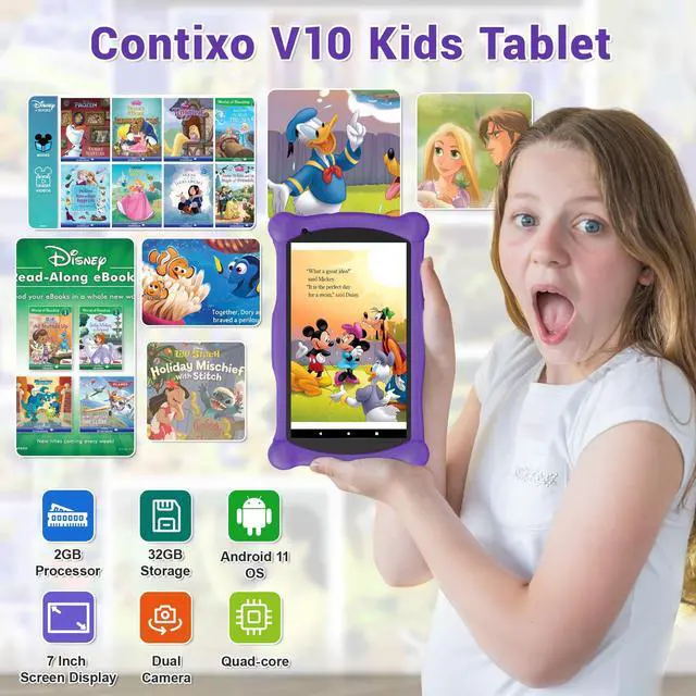 Alt view image 4 of 5 - Contixo Kids Learning Tablet and Kids Headphone Bundle - V10 Android 11 Tablets with Stylus, 32GB Storage, Bluetooth, Dual Cameras, Parental Control, Tablet for Kids and Kids Safe Headphone