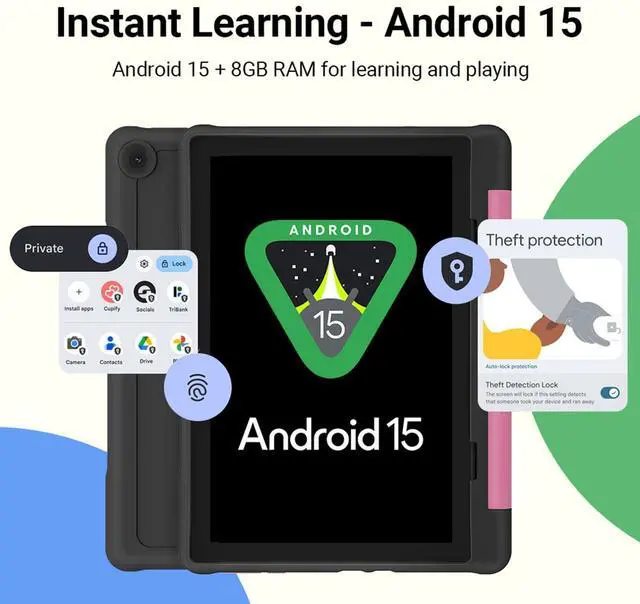 Alt view image 2 of 5 - UEMXDOX Kids Tablet, 2025 Android 15 Tablet for Kids Age 3+, 8GB+64GB, Expandable to 512GB, 10" Touch Screen with Case, WiFi 6, BT5, Pre-Installed Parental Controls, Kids Space, Family Link (Black)